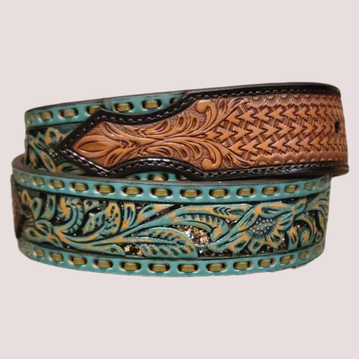 Nocona Ladies 1 1/2" Floral Filigree Copper Glitter Turquoise Belt