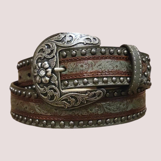 Nocona Ladies 1 1/2" Studded Embossed Overlay Belt