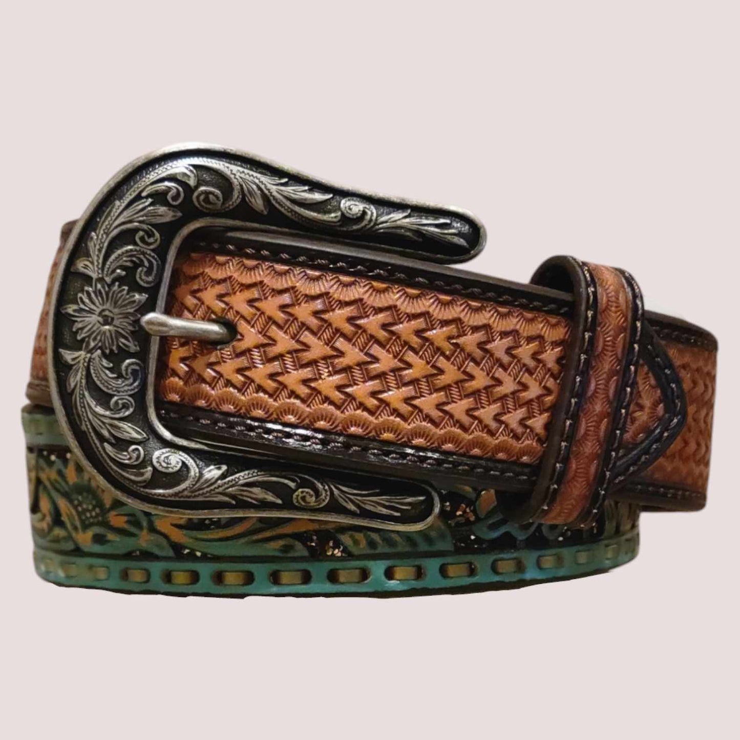 Nocona Ladies 1 1/2" Floral Filigree Copper Glitter Turquoise Belt