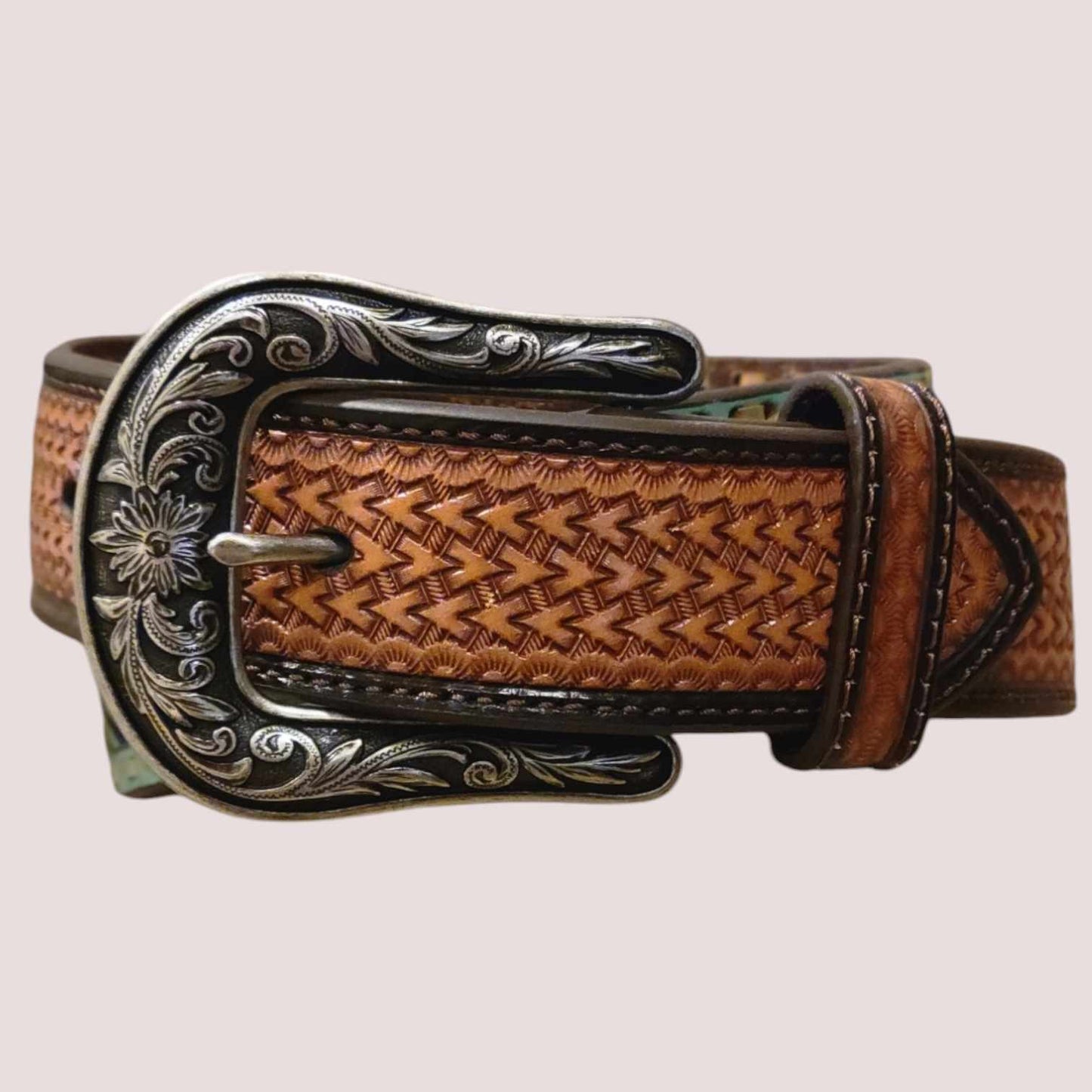 Nocona Ladies 1 1/2" Floral Filigree Copper Glitter Turquoise Belt