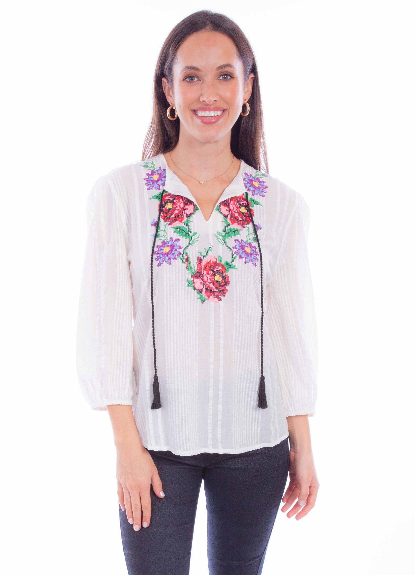 Scully 3/4 Sleeve Embroidered Blouse